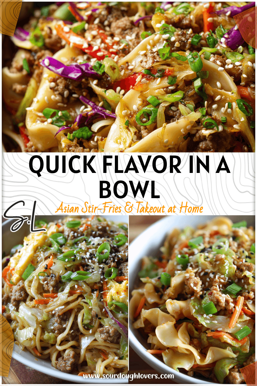 Bowl of Easy Egg Roll In A Bowl Noodles with pork, cabbage, and carrots garnished with sesame seeds